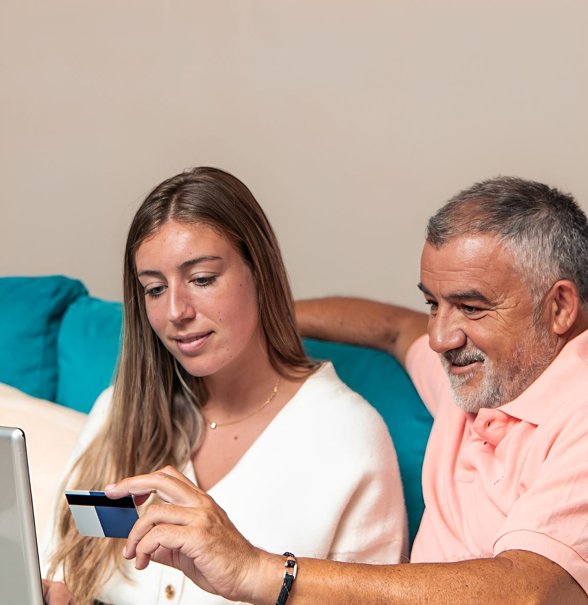 Family using credit card for online purchase